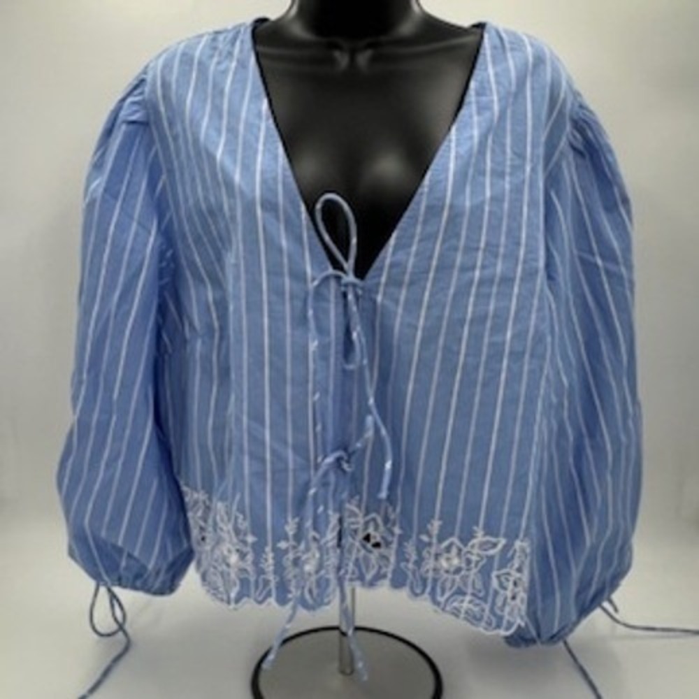 Future Collective Blue White Striped Embroidered Eyelet Tie Front Blouse Large - Picture 8 of 9